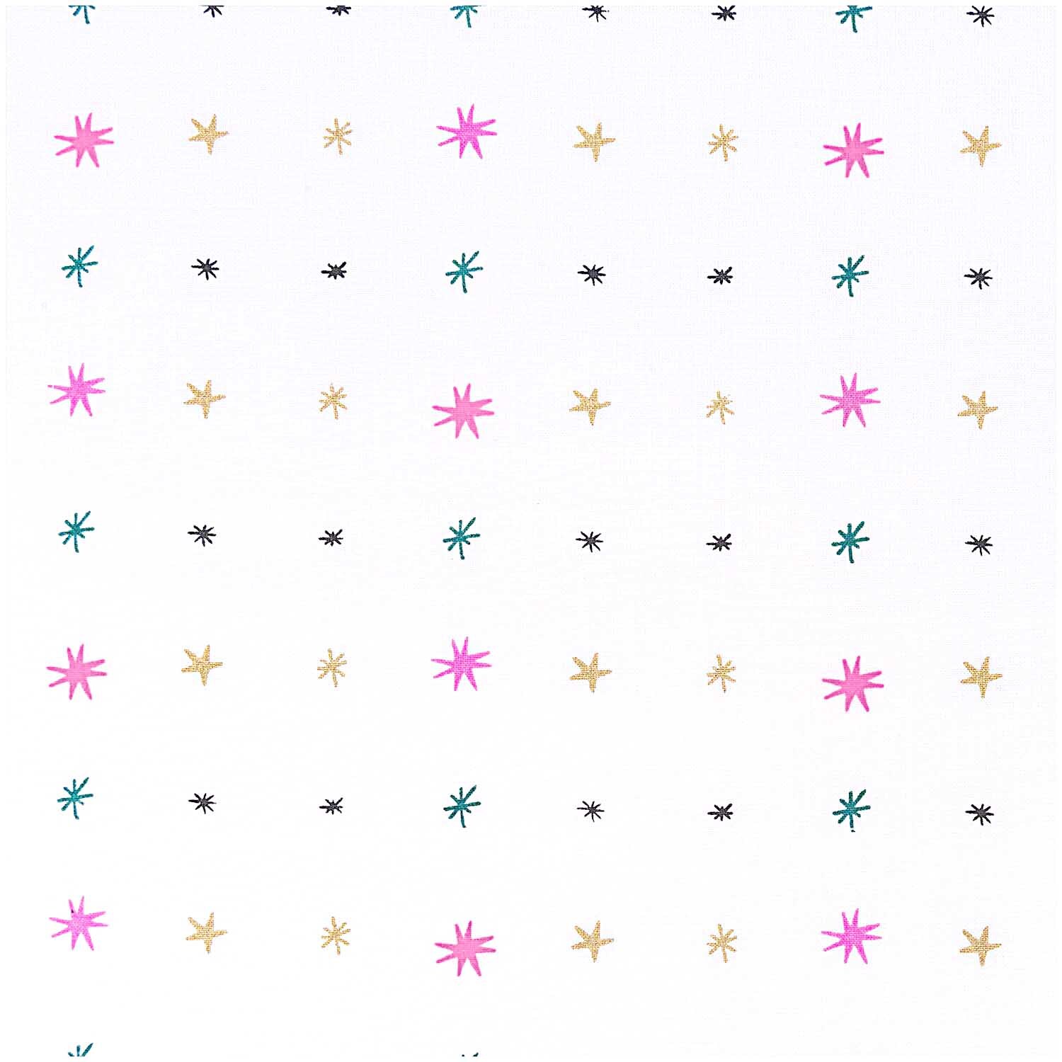 Stoff Sterne gold-neon 140cm breit zeigt ein Muster aus bunten Sternen auf weißem Hintergrund. Marke: Rico Design.