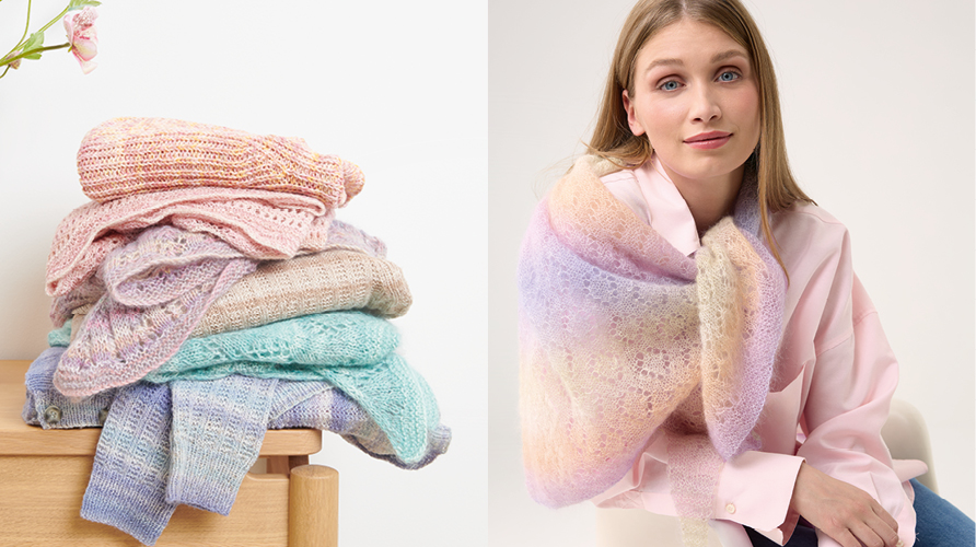 Zwei Bilder nebeneinander. Sechs verschiedene gestrickte Teil übereinandergestapelt und eine Frau trägt ein gestricktes Tuch aus einem pastell Farbverlaufsgarn.