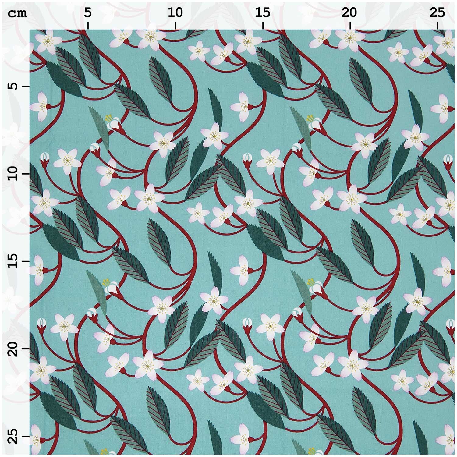 Stoffabschnitt Baumwoll-Popelin türkis Kirschblüten 50x140cm von Rico Design