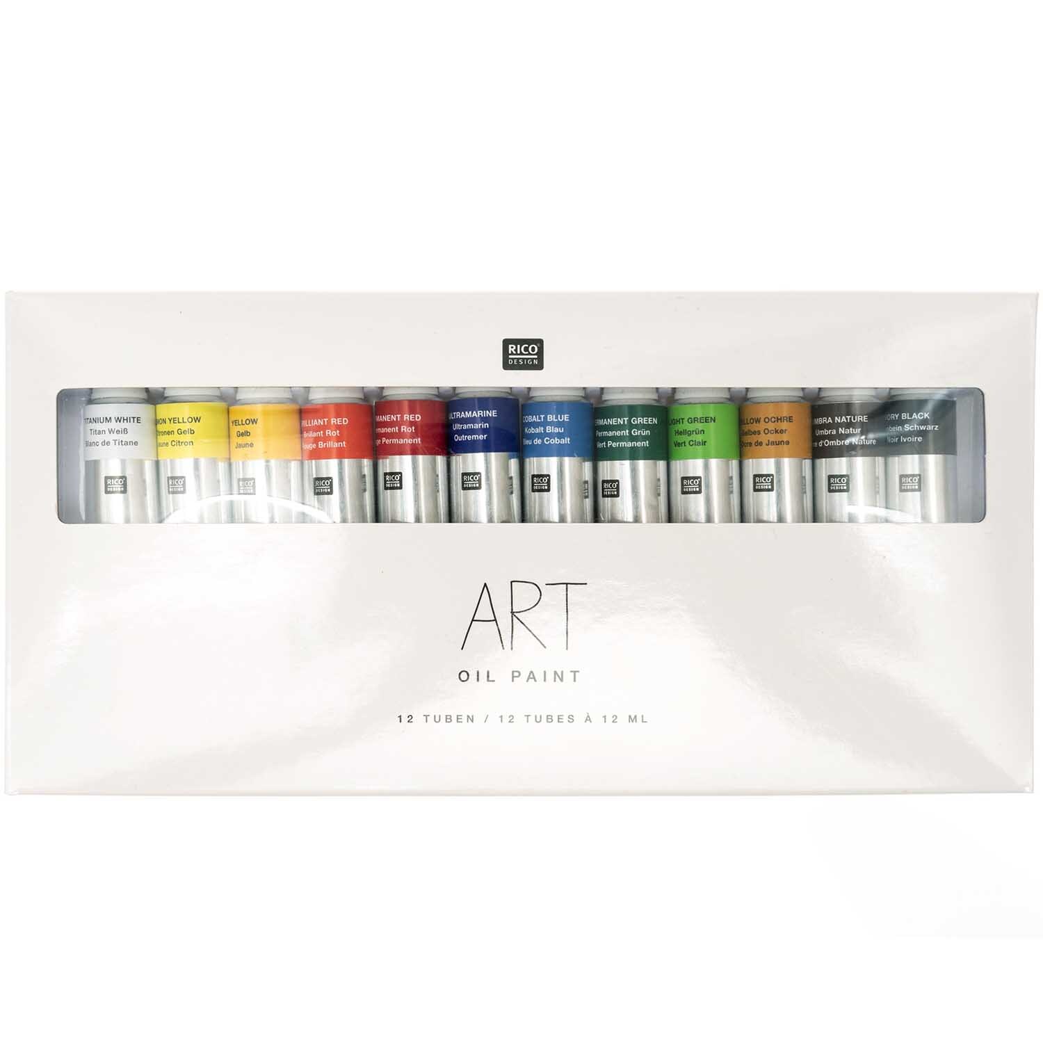 ART Öl Color Set 12x12ml von Rico Design, bestehend aus 12 mehrfarbigen Ölfarbtuben in einer Verpackung.
