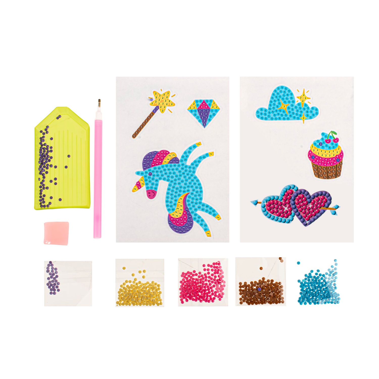Diamond Painting Sticker Einhorn mit bunten Perlen, Werkzeug und Vorlagen für kreative Bastelprojekte. Ideal für Kinder und Erwachsene.