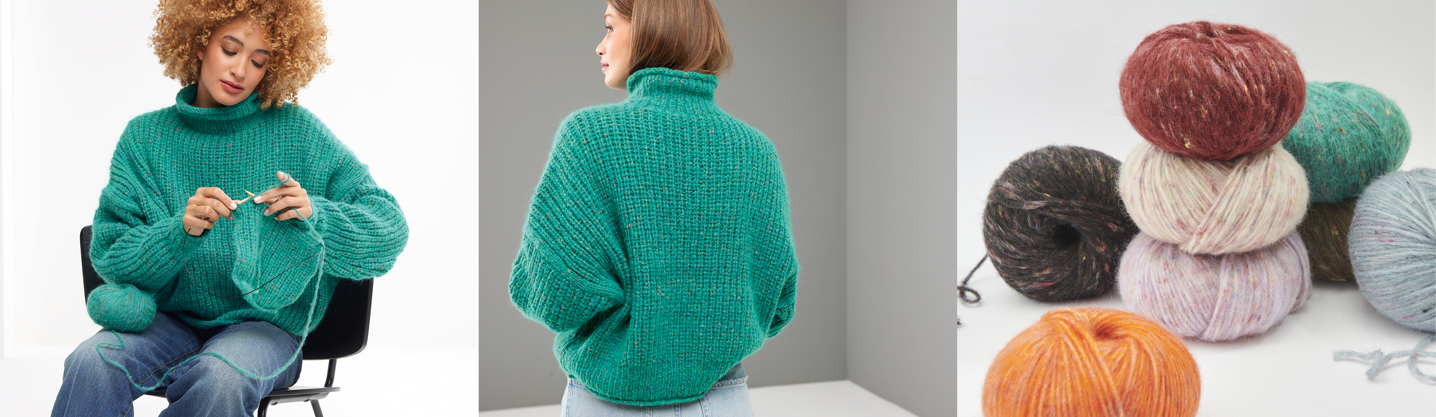 Drei Bilder nebeneinander. Eine sitzende Frau trägt einen grünen Strickpullover und strickt, eine Frau trägt grünen gestrickten Pullover und Wollknäuel in verschiedenen Farben und Arten.