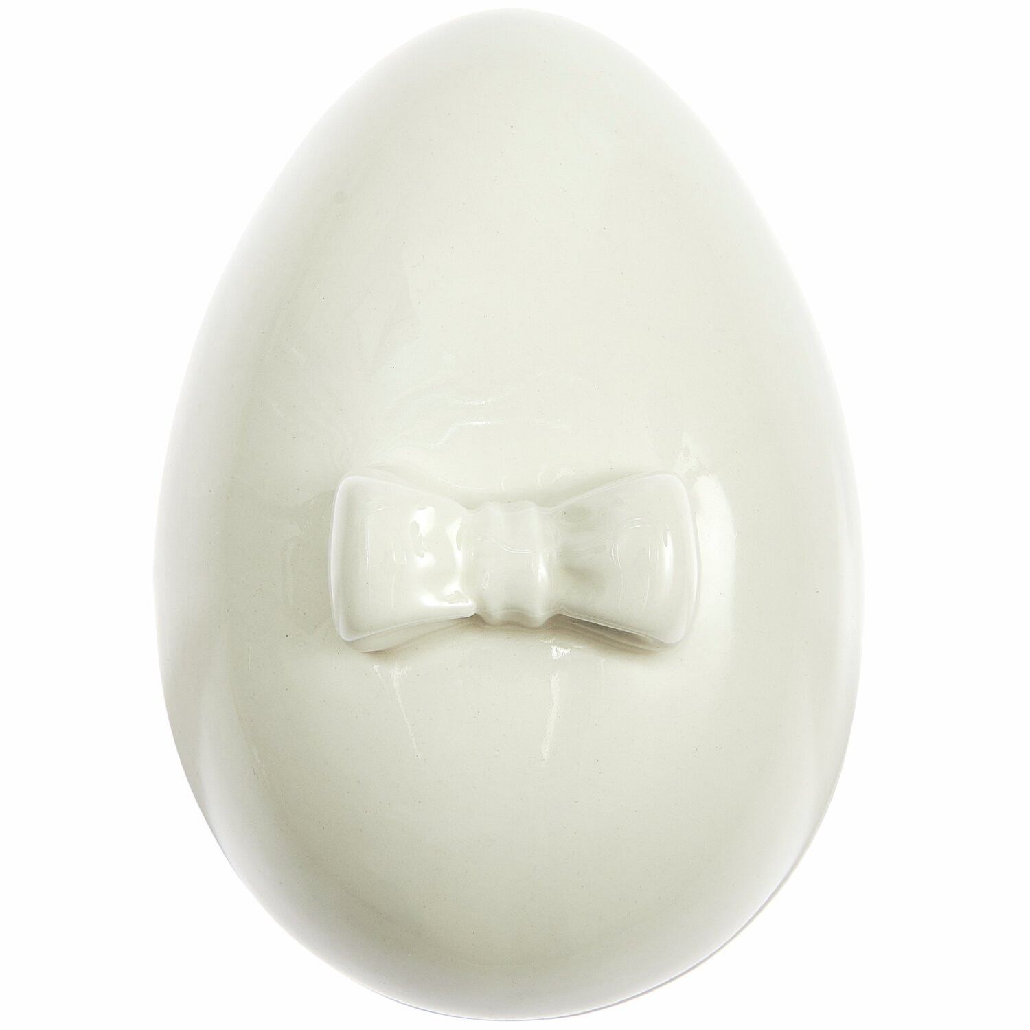 Keramik Dose Ei mit Schleife, weiß, von Rico Design. Elegantes Design in Eiform mit dekorativer Schleife. Maße: 6,1x6,3x9,2cm.