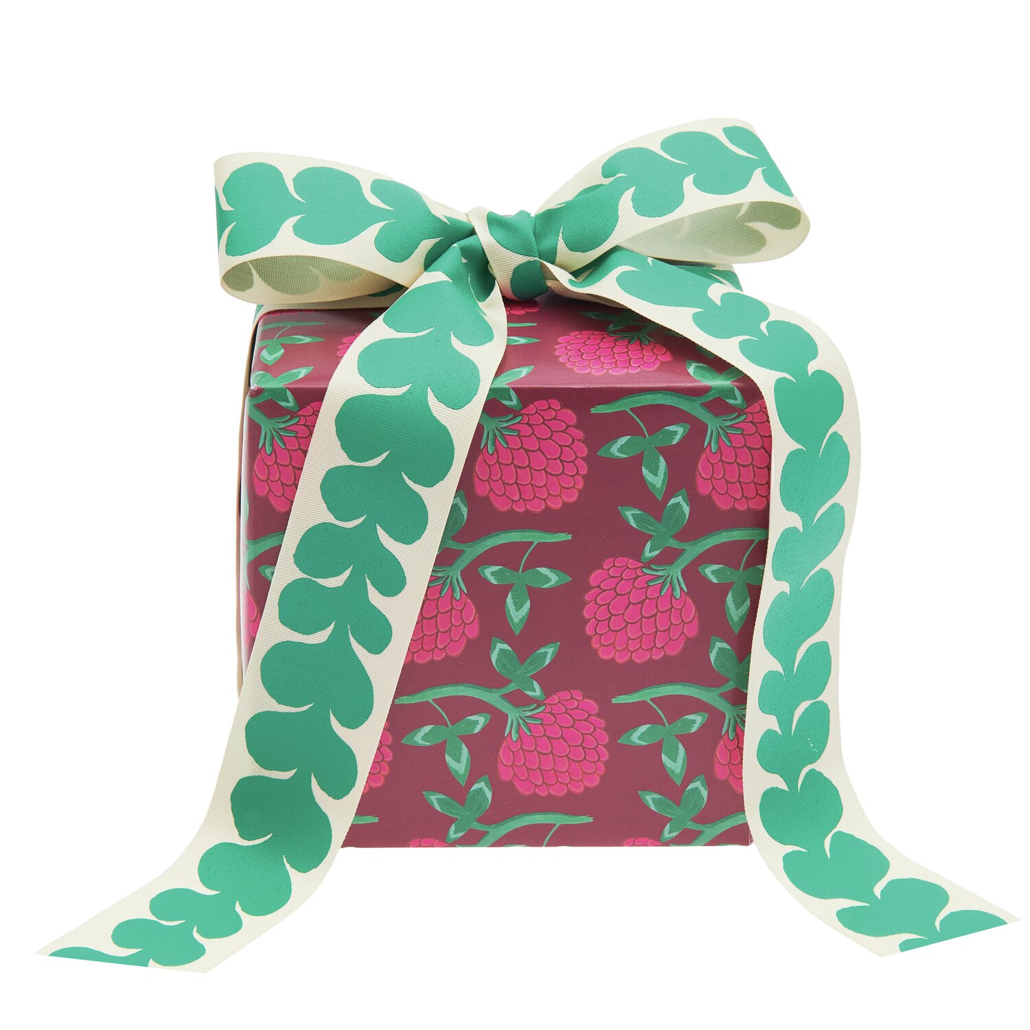 Geschenkpapier Rotklee mit pinken Beerenmotiv, verpackt mit grün-weißer Schleife, 70cm x 2m, 100g/m². Ideal für stilvolle Geschenke.