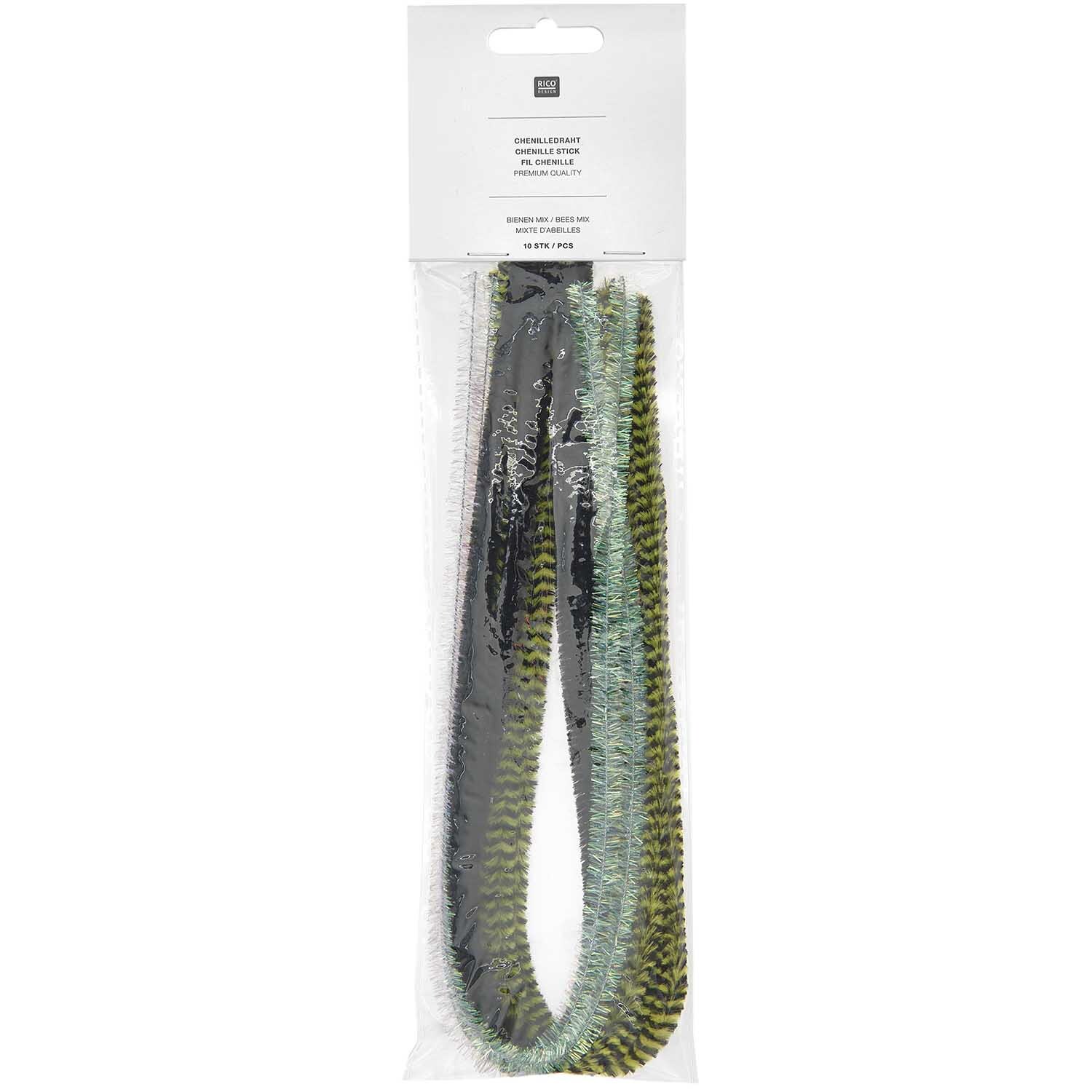 Chenilledraht-Mix 50cm 10 Stück Bienen Mix von Rico Design in verschiedenen Farben, verpackt in einer transparenten Tüte. Ideal für Bastelprojekte.