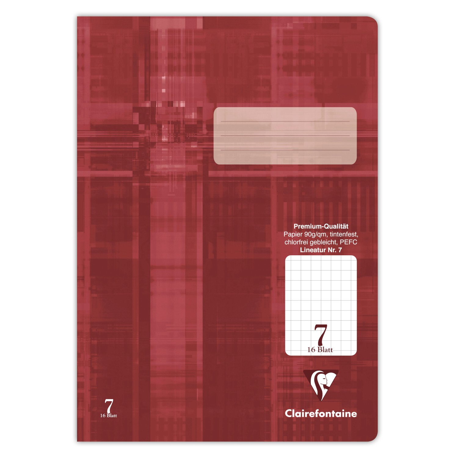 Schulheft Bordeaux kariert A4 mit 16 Blatt von Clairefontaine, 90g/m², auf bordeauxfarbenem Hintergrund.