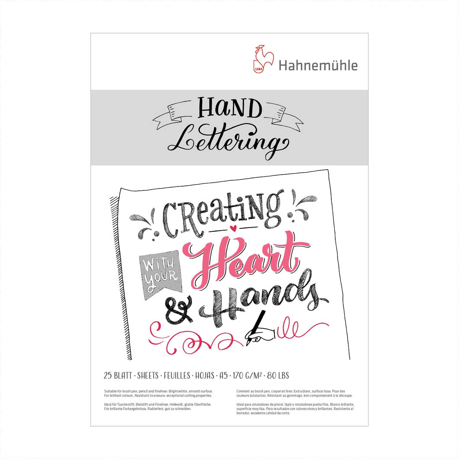 Handlettering Block DIN A5 170g/m² 25 Blatt von Hahnemühle mit kreativem Schriftzug in Schwarz und Rot auf dem Cover.