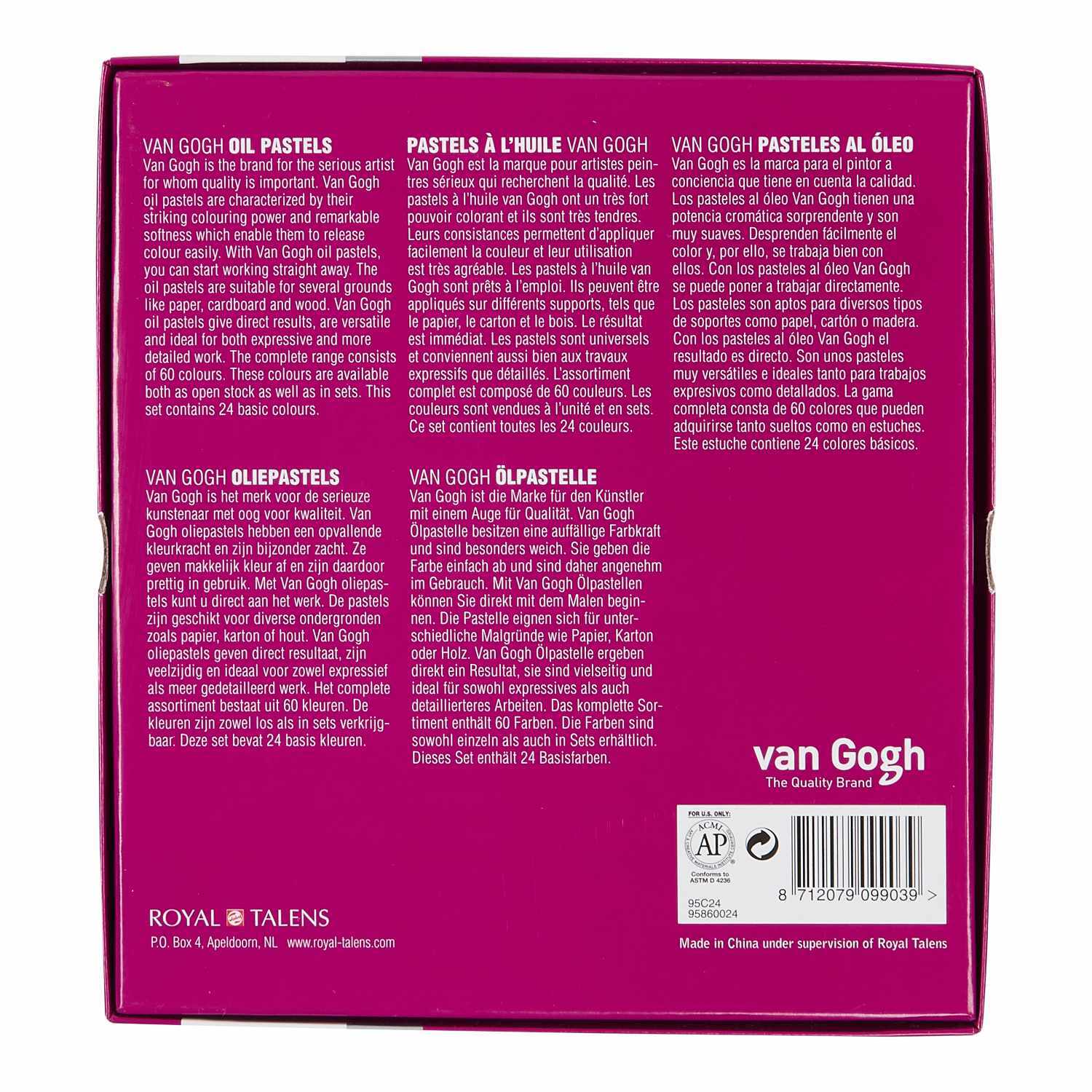 Öl-Pastelle Set 24 Farben: Rückseite der Verpackung mit mehrsprachiger Beschreibung und van Gogh Logo.