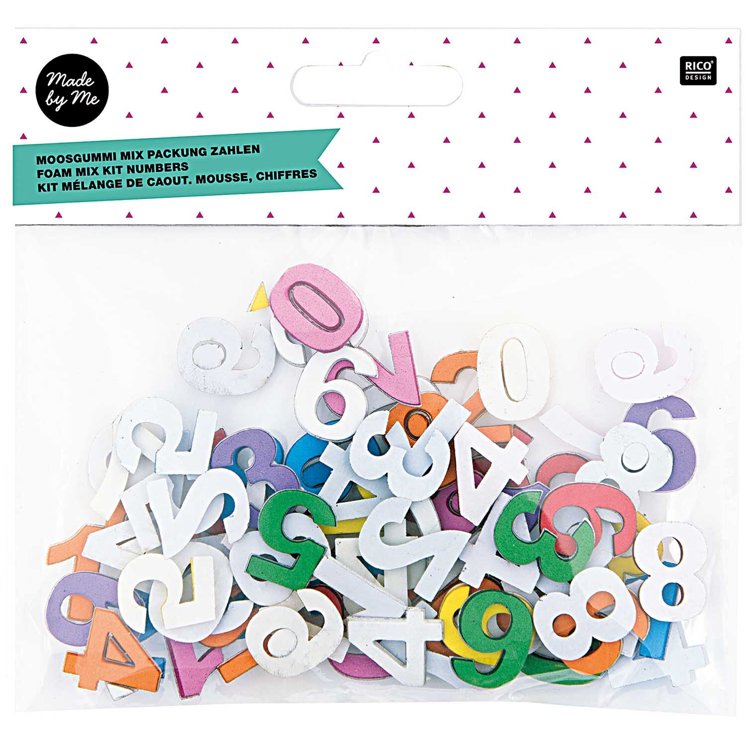 Moosgummi Zahlen mehrfarbig 2cm selbstklebend von Rico Design. Bunte Zahlen in einer Verpackung.