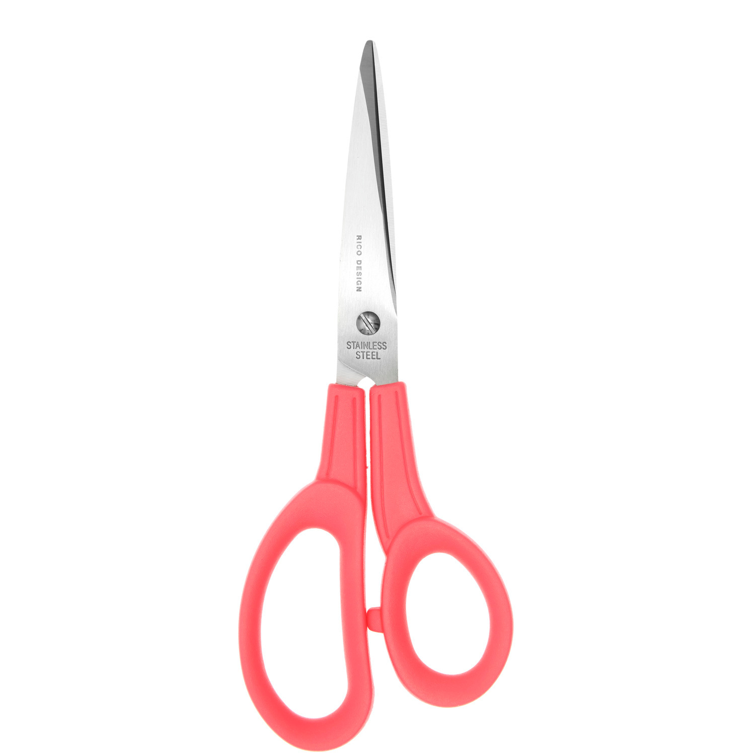 Universalschere von Rico Design mit Edelstahlklingen und neonpinken Griffen, ideal für vielseitige Schneidarbeiten.
