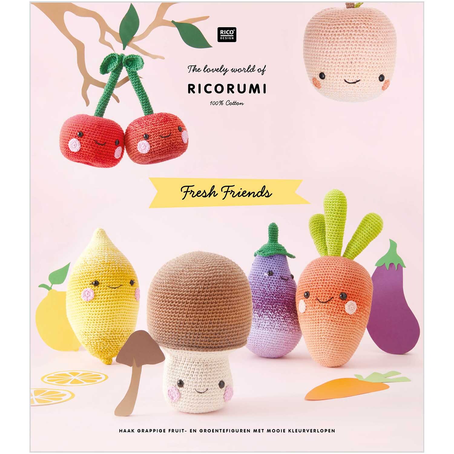 Ricorumi Fresh Friends niederländisch: Bunte, gehäkelte Früchte und Gemüse von Rico Design auf rosa Hintergrund.