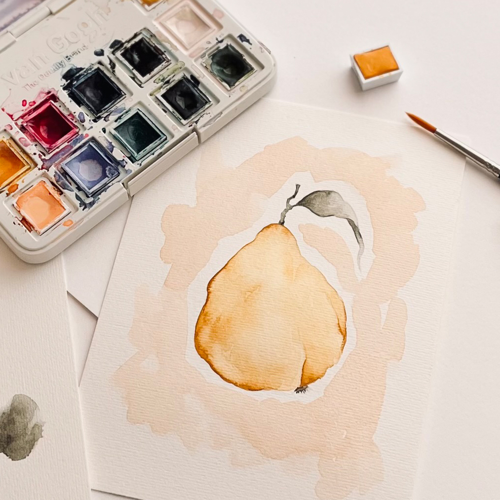 Anleitung Quitte malen: Aquarellzeichnung einer Quitte mit van Gogh Farben und Pinsel.