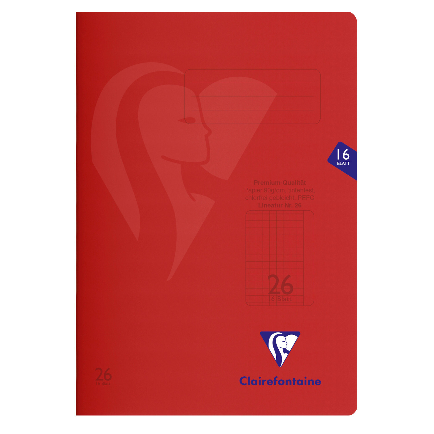Schulheft Rot A4 liniert 16 Blatt von Clairefontaine, 90g/m², zeigt ein rotes Cover mit Logo.