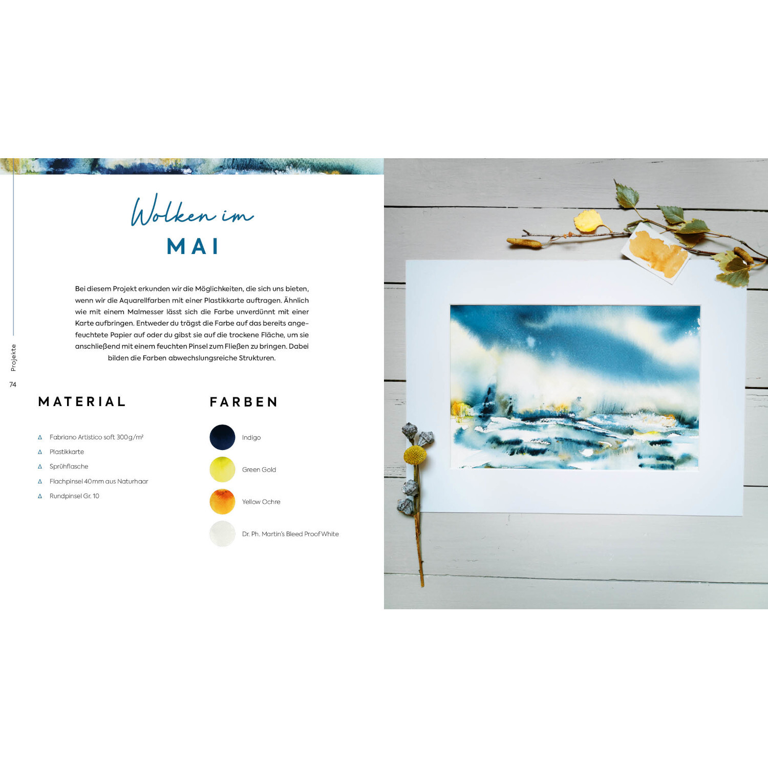 Aquarell Landscapes: Kunstwerk mit blauen und gelben Tönen, präsentiert auf hellem Holz.