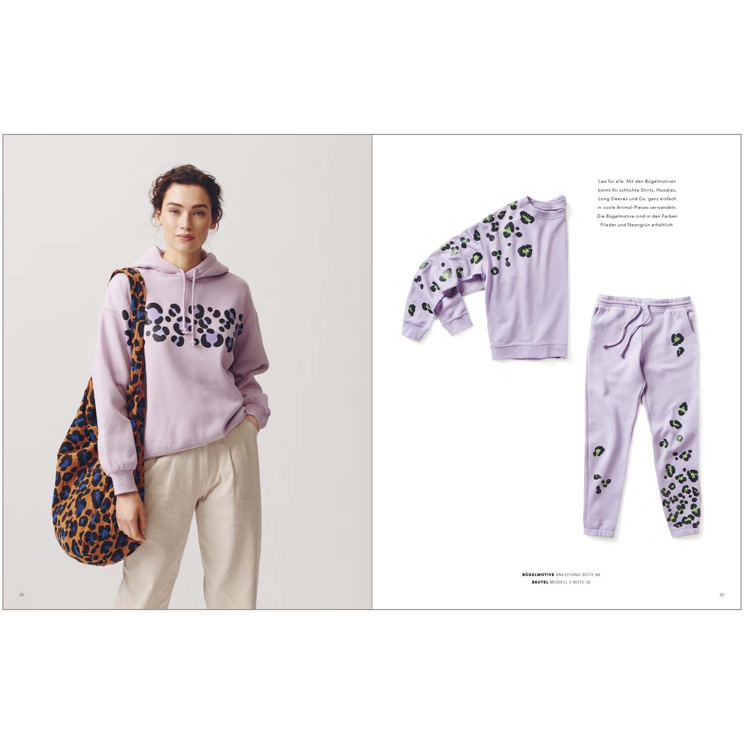 Das kleine Rico Nähbuch Acid Leo zeigt ein lila Sweatshirt und Jogginghose mit Leopardenmuster, getragen von einer Frau mit passender Tasche.