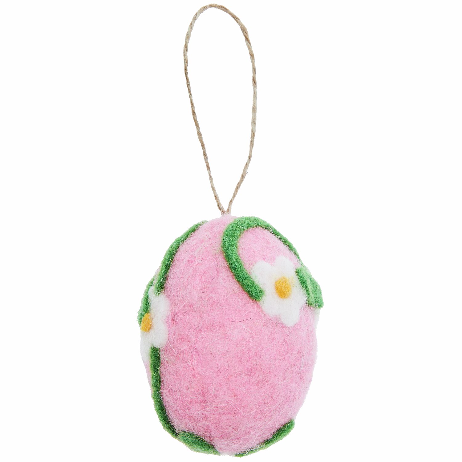 Aufhänger Filz-Ei Gänseblümchen: Rosa Filz-Ei mit weißen Gänseblümchen und grünen Blättern, 7,8xØ5,8cm.