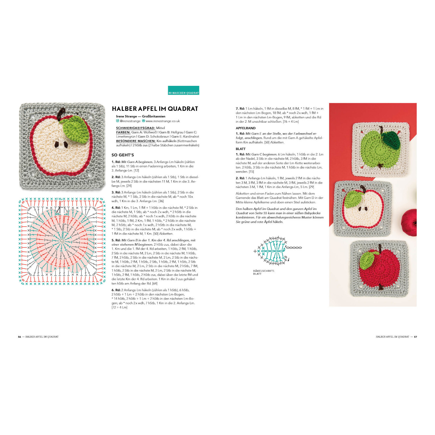 Musterbibel Granny Squares: Anleitung für Apfel-Designs in Grau und Rot, ideal für Häkelprojekte.