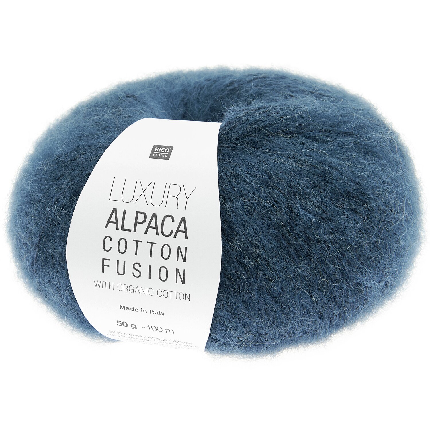 Luxury Alpaca Cotton Fusion, weiches Garn in Blau von Rico Design, 50g, 190m, ideal für Strickprojekte.