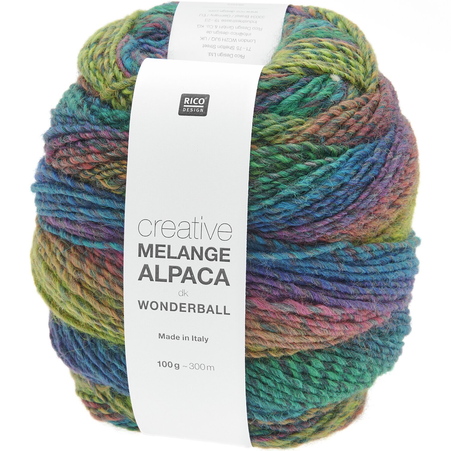 Creative Melange Alpaca Wonderball dk, bunte Wolle von Rico Design, 100g, 300m, ideal für Strickprojekte.