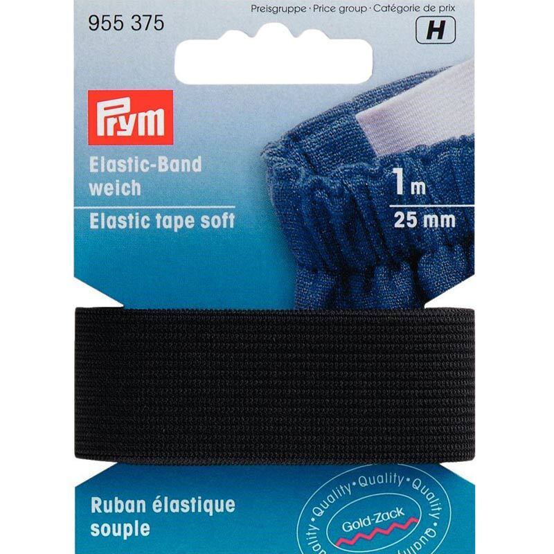 Elastic Band Gummi weich schwarz 25mm 1m von Prym, zeigt ein schwarzes, weiches Gummiband auf einer blauen Verpackung.