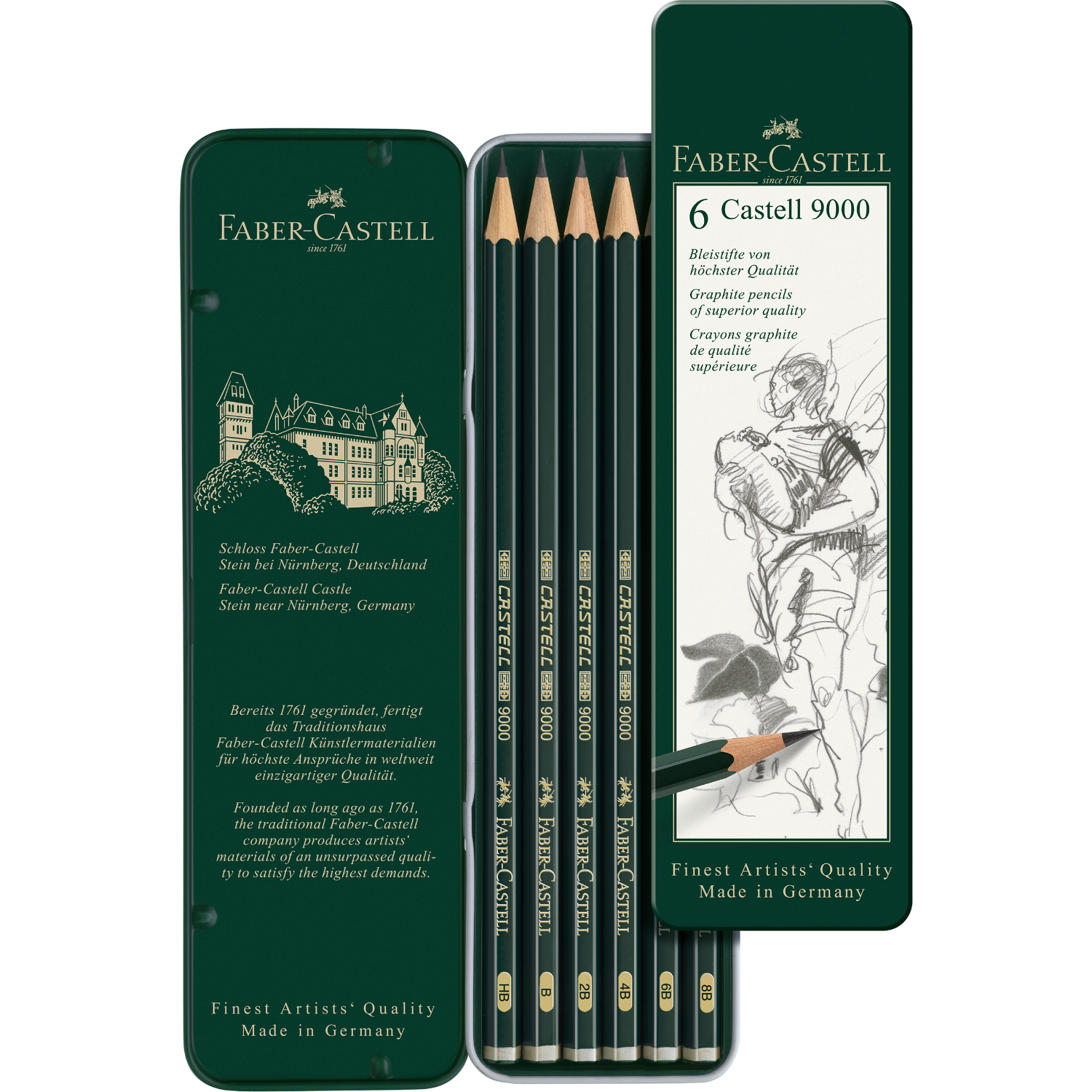 Castell 9000 Design Set Metalletui: Sechs hochwertige Bleistifte in einem eleganten, grünen Etui von Faber Castell. Ideal für Künstler.