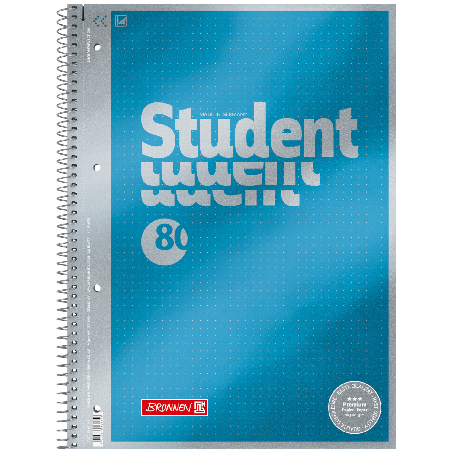 Collgeblock Premium Student A4, 80 Blatt, punktiert, blaues Cover, Marke Brunnen, Spiralbindung.
