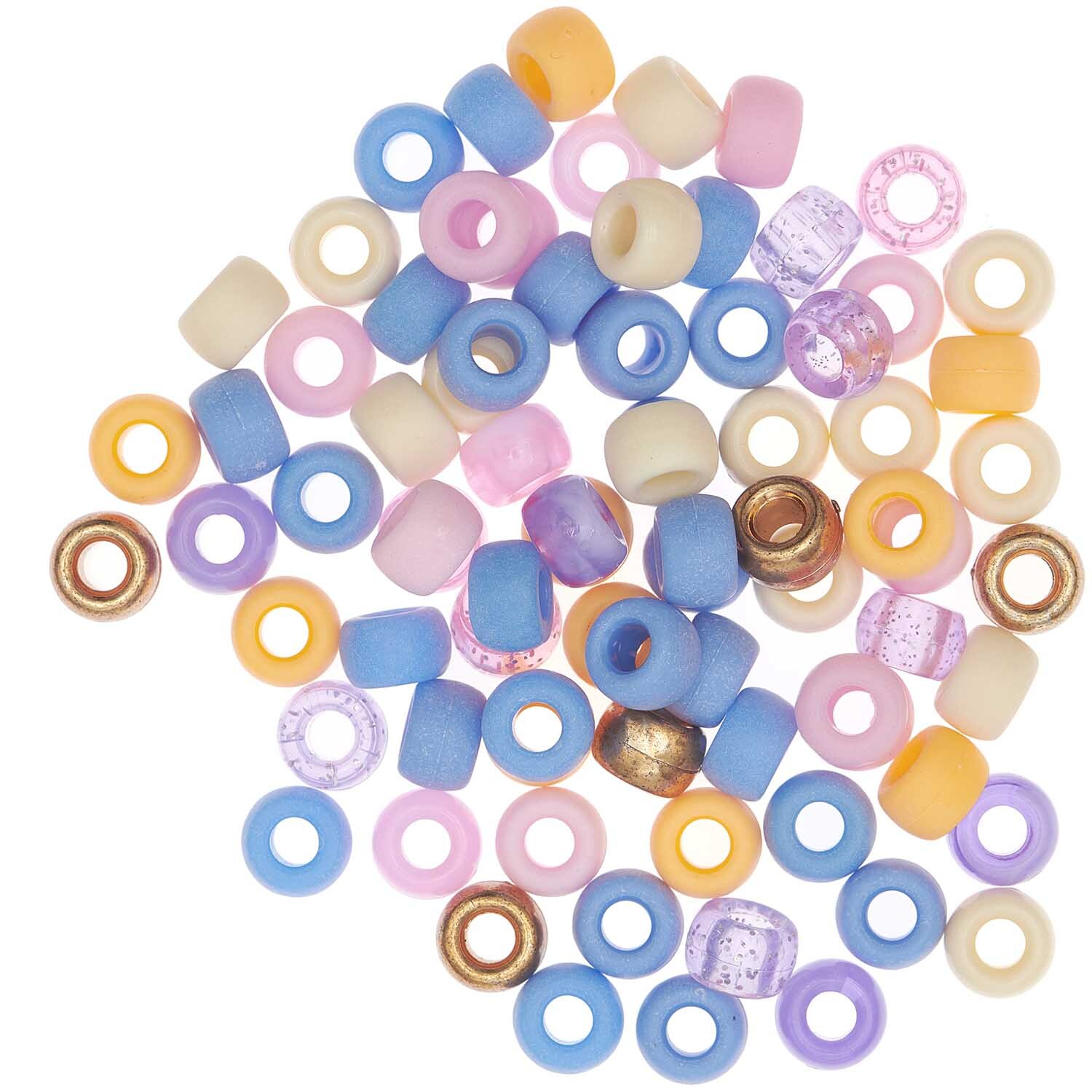 itoshii - Ponii Beads Pastell Mix 9x6mm 80 Stück, bunte Perlen von Rico Design in verschiedenen Pastelltönen auf weißem Hintergrund.
