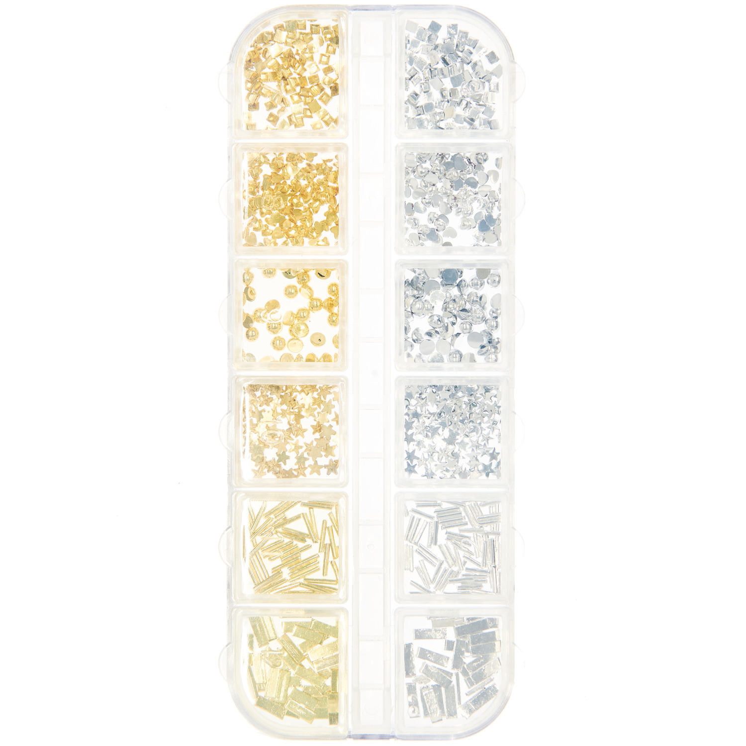 Füllmaterial für Resin Formen Mix 2 in Gold und Silber von Rico Design, sortiert in einer transparenten Box. Ideal für kreative Bastelprojekte.
