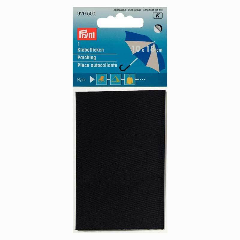 Flicken selbstklebend schwarz 18x10cm Nylon von Prym, ideal zum Reparieren von Kleidung. Rechteckiger, schwarzer Klebeflicken in Verpackung.