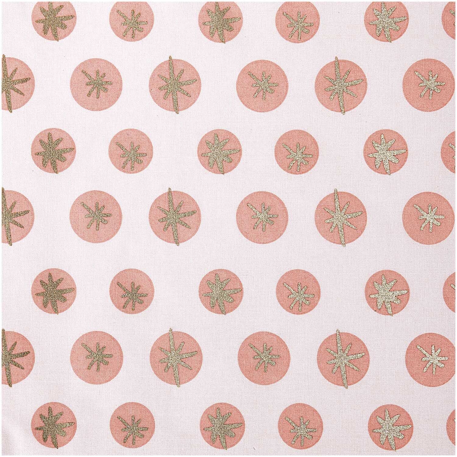 Druckstoff Schneeflocken rosa-gold 50x140cm von Rico Design zeigt ein Muster aus goldenen Schneeflocken auf rosa Hintergrund. Ideal für kreative Projekte.