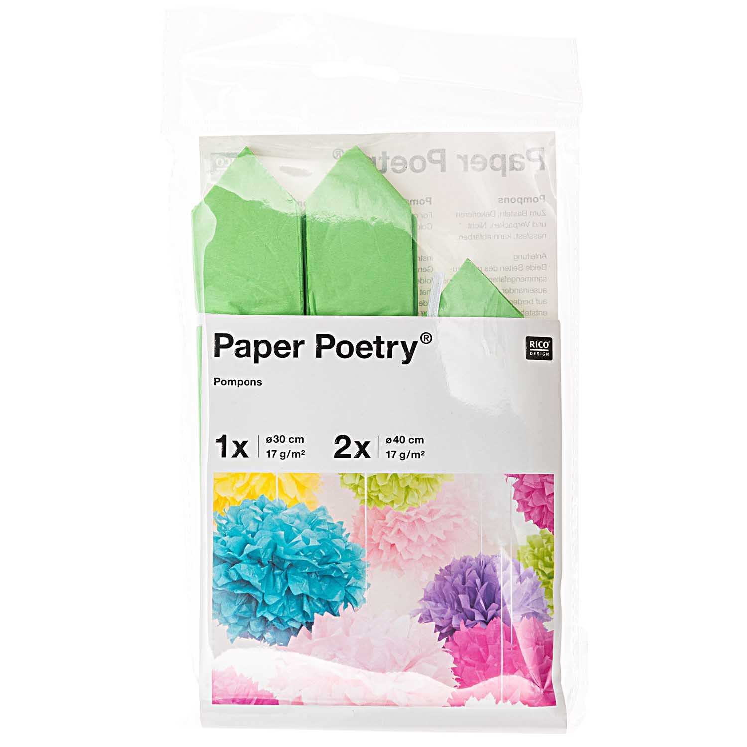 Seidenpapier Pompons 17g/m² 3 Stück von Rico Design in Hellgrün, verpackt in einer transparenten Tüte mit bunten Pompons im Hintergrund.
