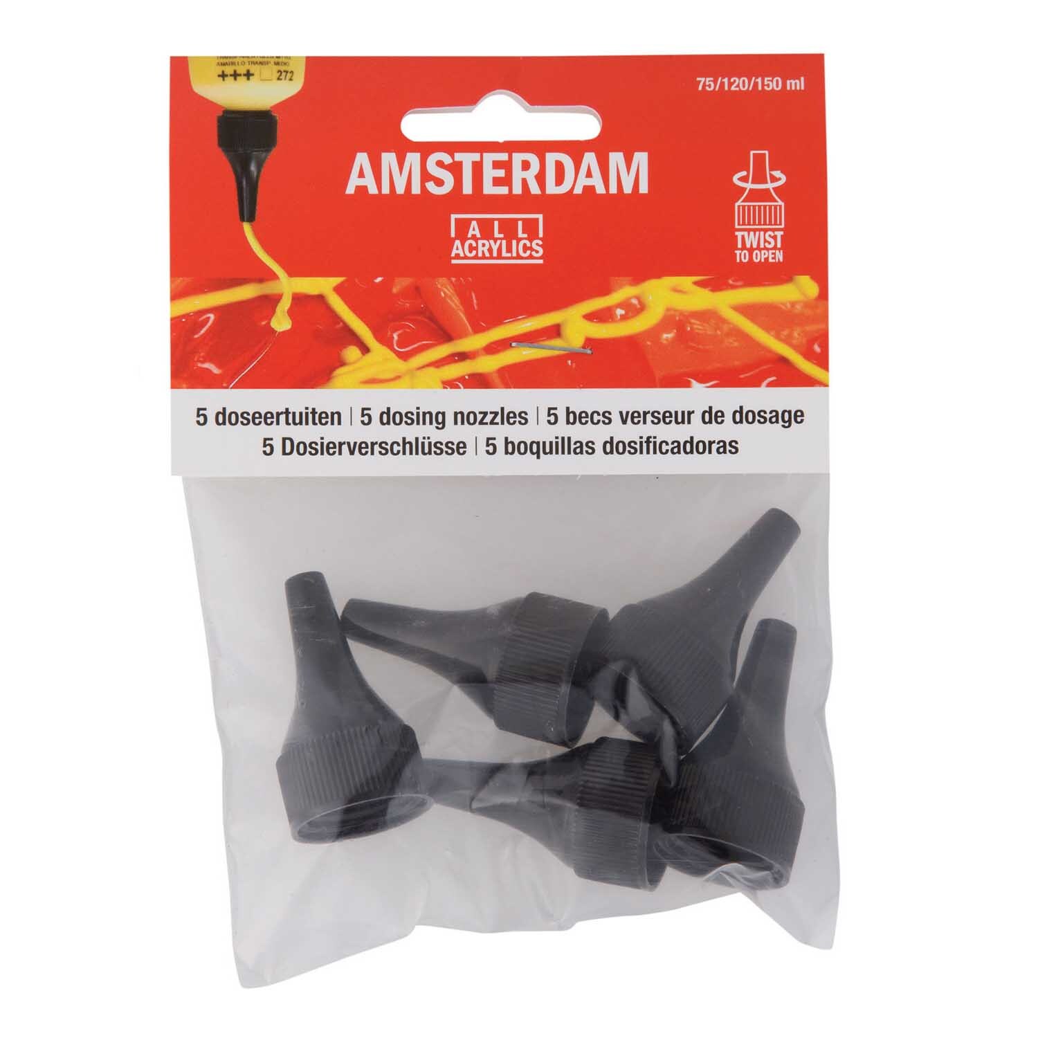 Dosierspitzen zum Aufschrauben 5 Stück in Schwarz von AMSTERDAM, verpackt in einer transparenten Tüte.