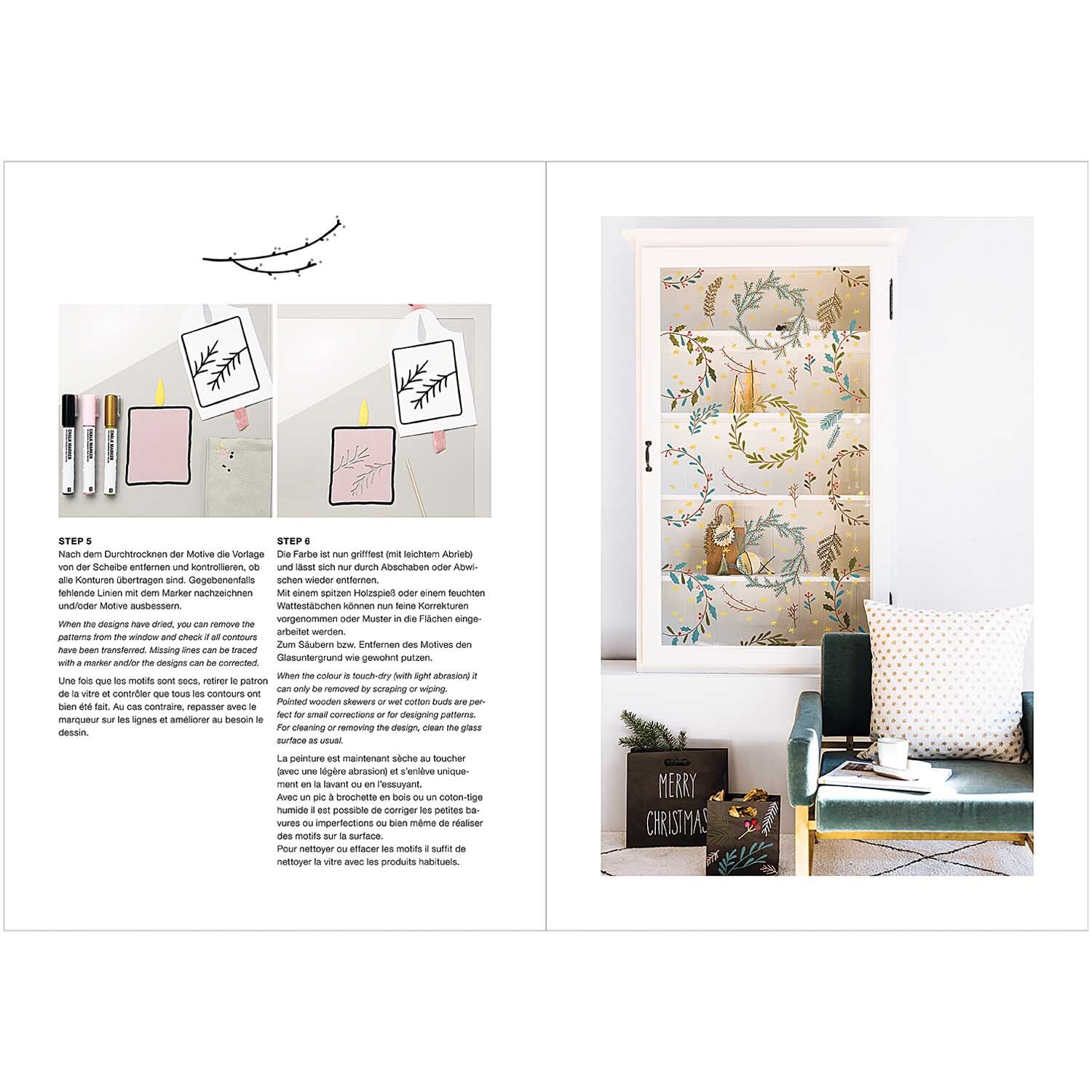 Vorlagenmappe Christmas Classics Fenster- und Glasmalerei mit Kreidestiften zeigt festliche Designs auf einer Tür, dekoriert mit weihnachtlichen Motiven.