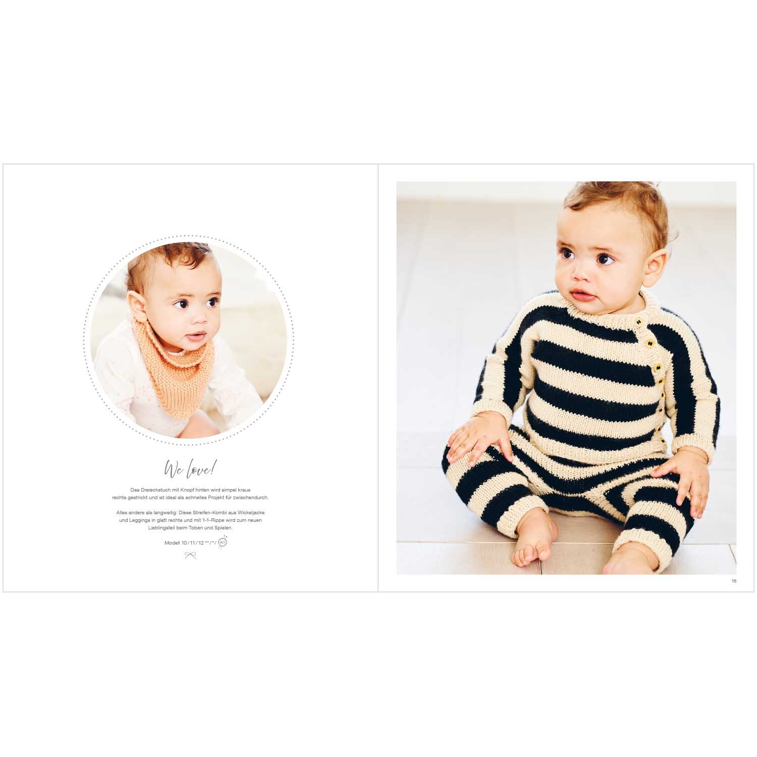Rico Baby Heft Nr.29 zeigt ein Baby in einem gestreiften Strampler von Rico Design auf hellem Boden.