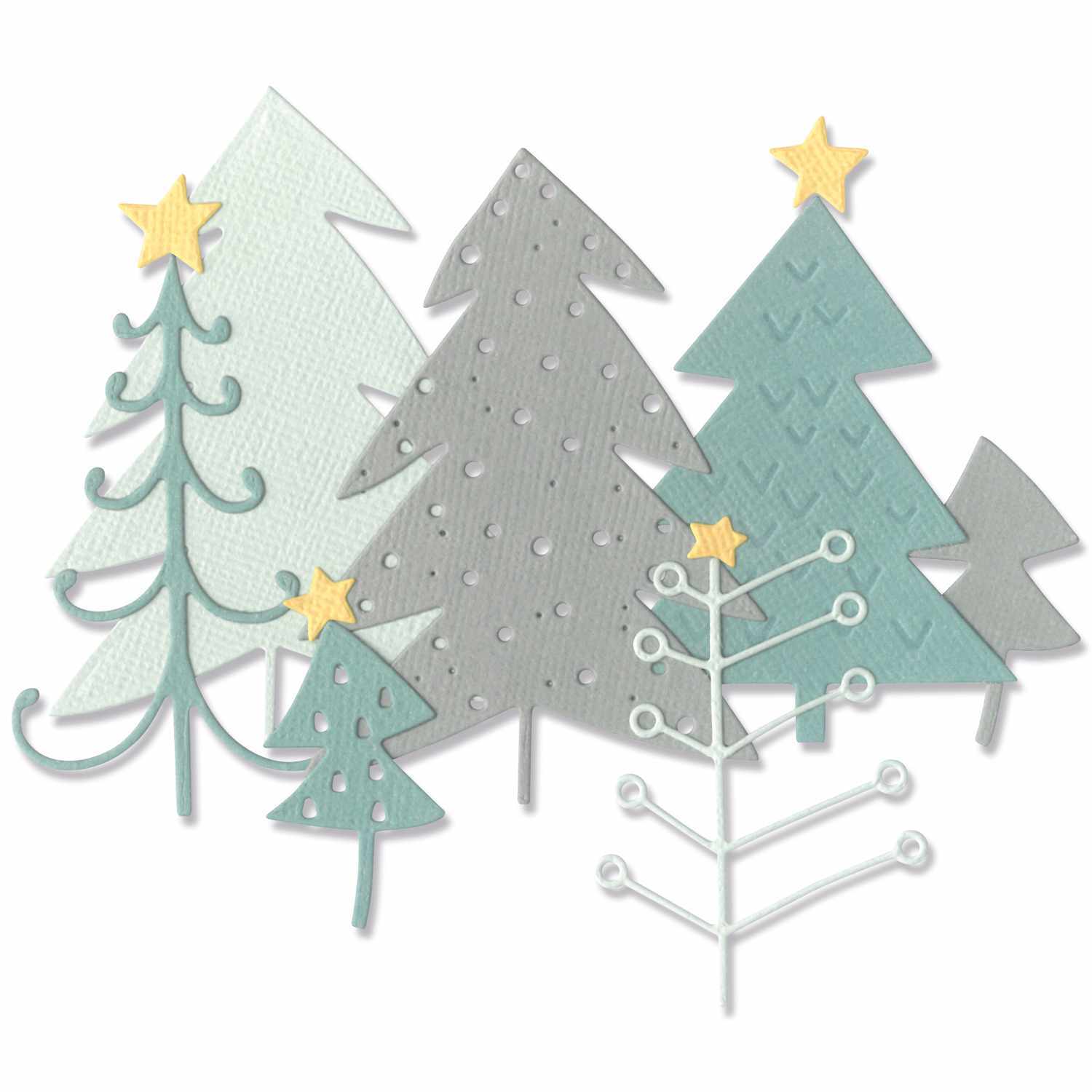 Thinlits Die Set Pine Forest zeigt stilisierte Tannenbäume in Grau und Grün mit gelben Sternen. Ideal für kreative Projekte.