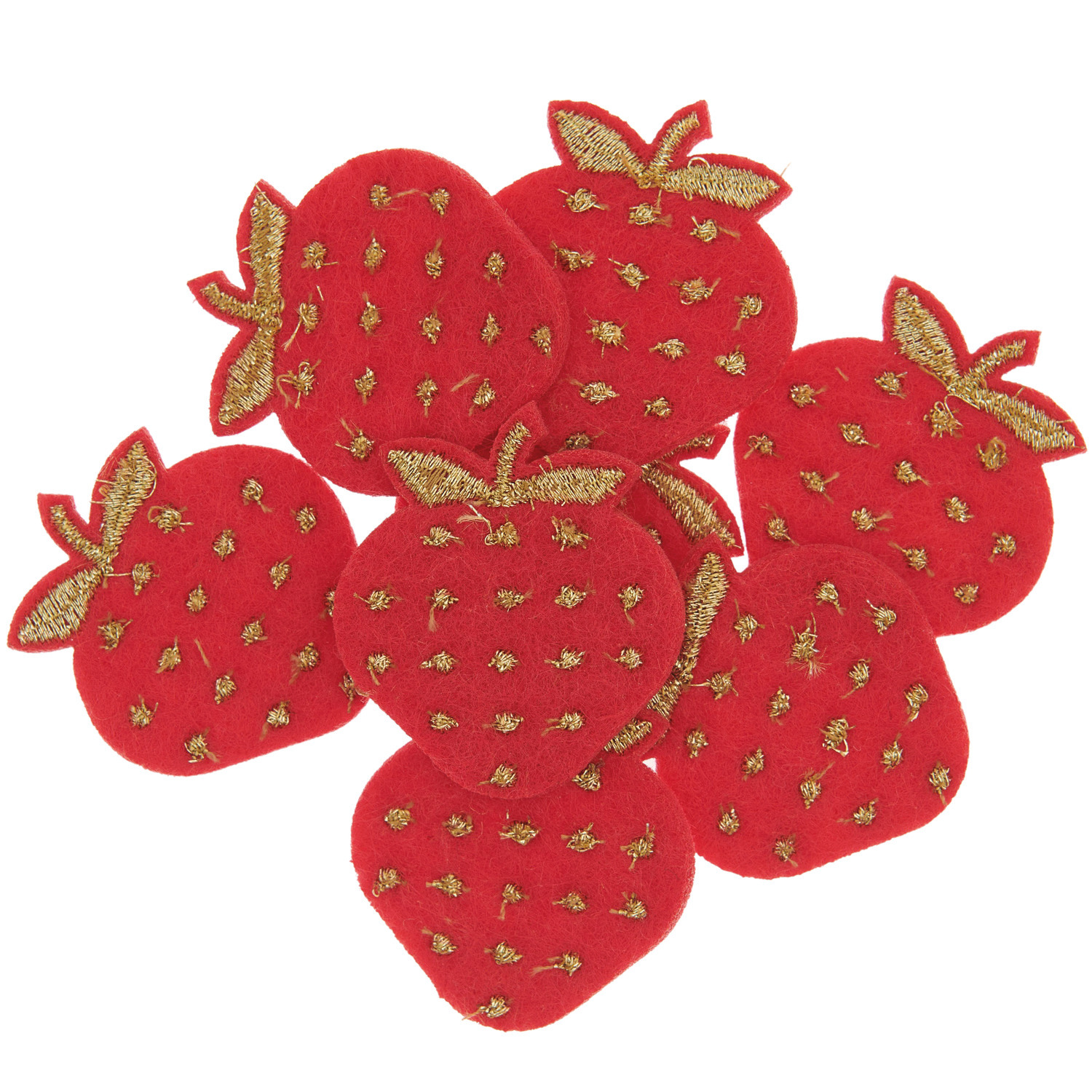 Filzstreu Erdbeeren bestickt Rot/Gold, 8 Stück von Rico Design. Rote Filz-Erdbeeren mit goldenen Stickereien.