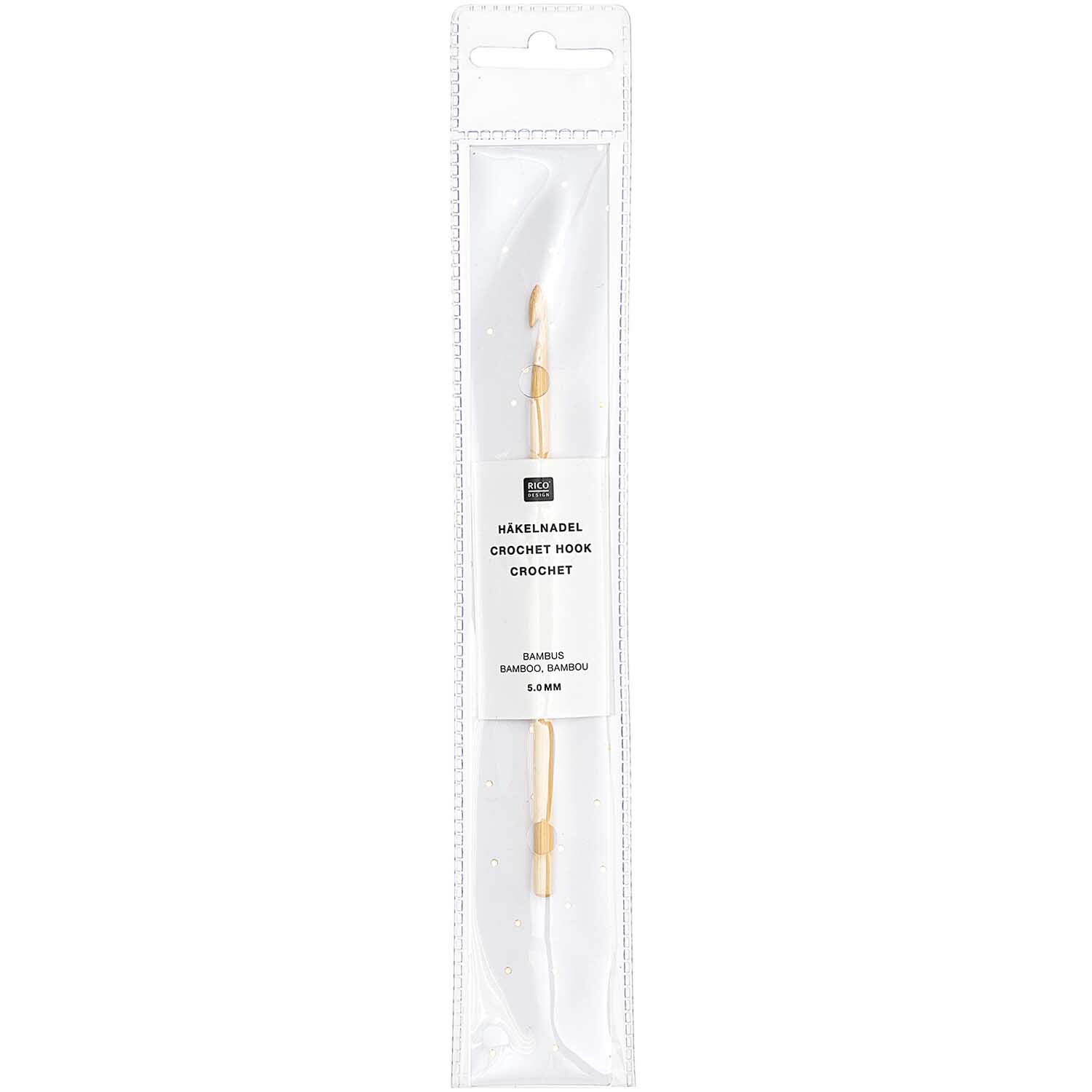 Häkelnadel Bambus von Rico Design in transparenter Verpackung, ideal für Handarbeitsprojekte.