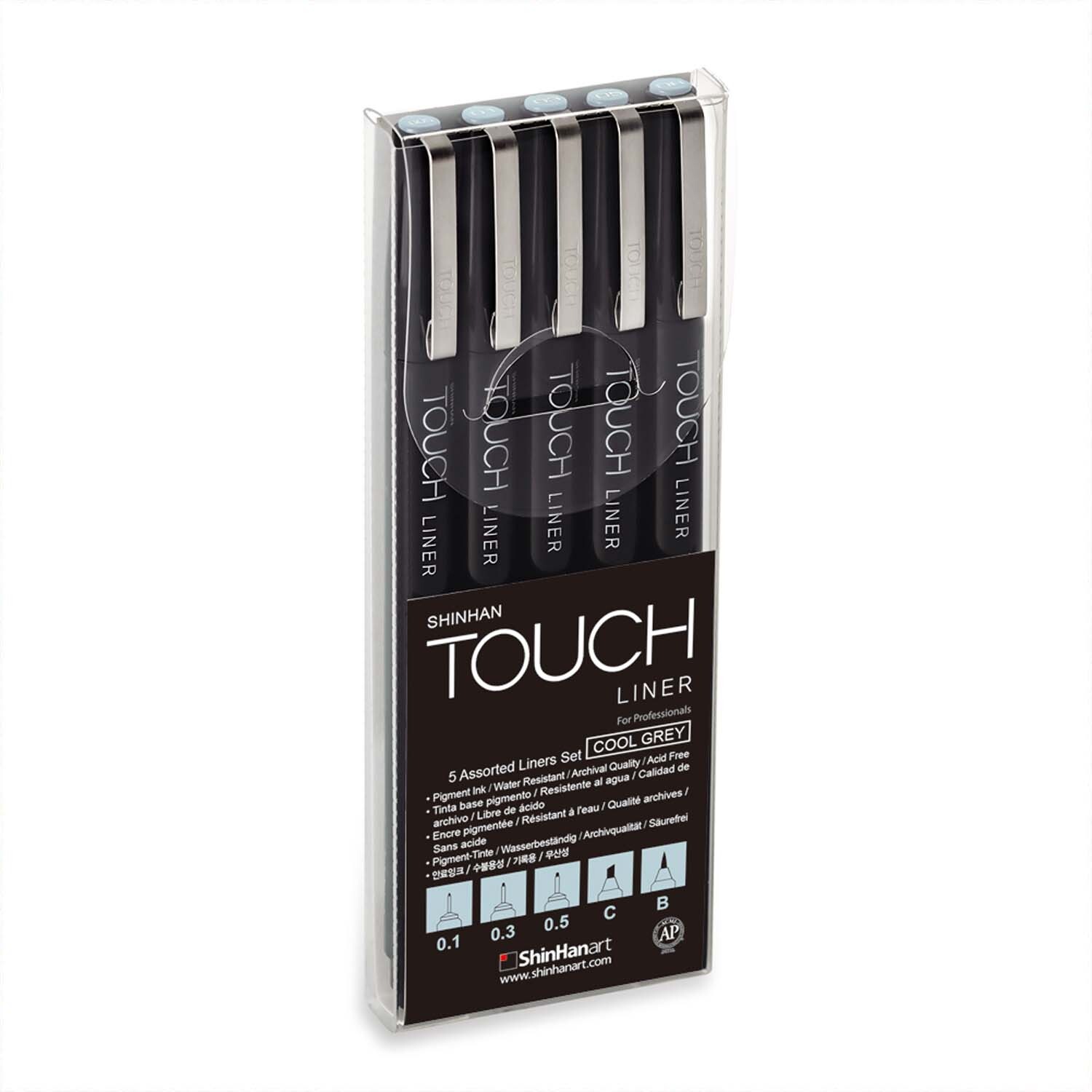 Liner ShinHan Cool Grey: 5-teiliges Set grauer TOUCH Fineliner in einer transparenten Verpackung. Ideal für präzises Zeichnen und Skizzieren.