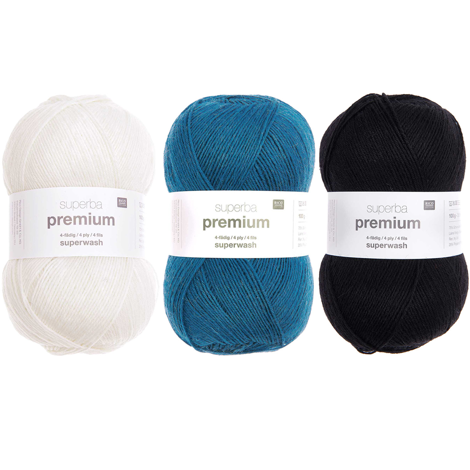 Wollpaket Socken Premium Classic: Drei Knäuel in Weiß, Blau und Schwarz von Rico Design, 3x100g. Ideal für hochwertige Strickprojekte.