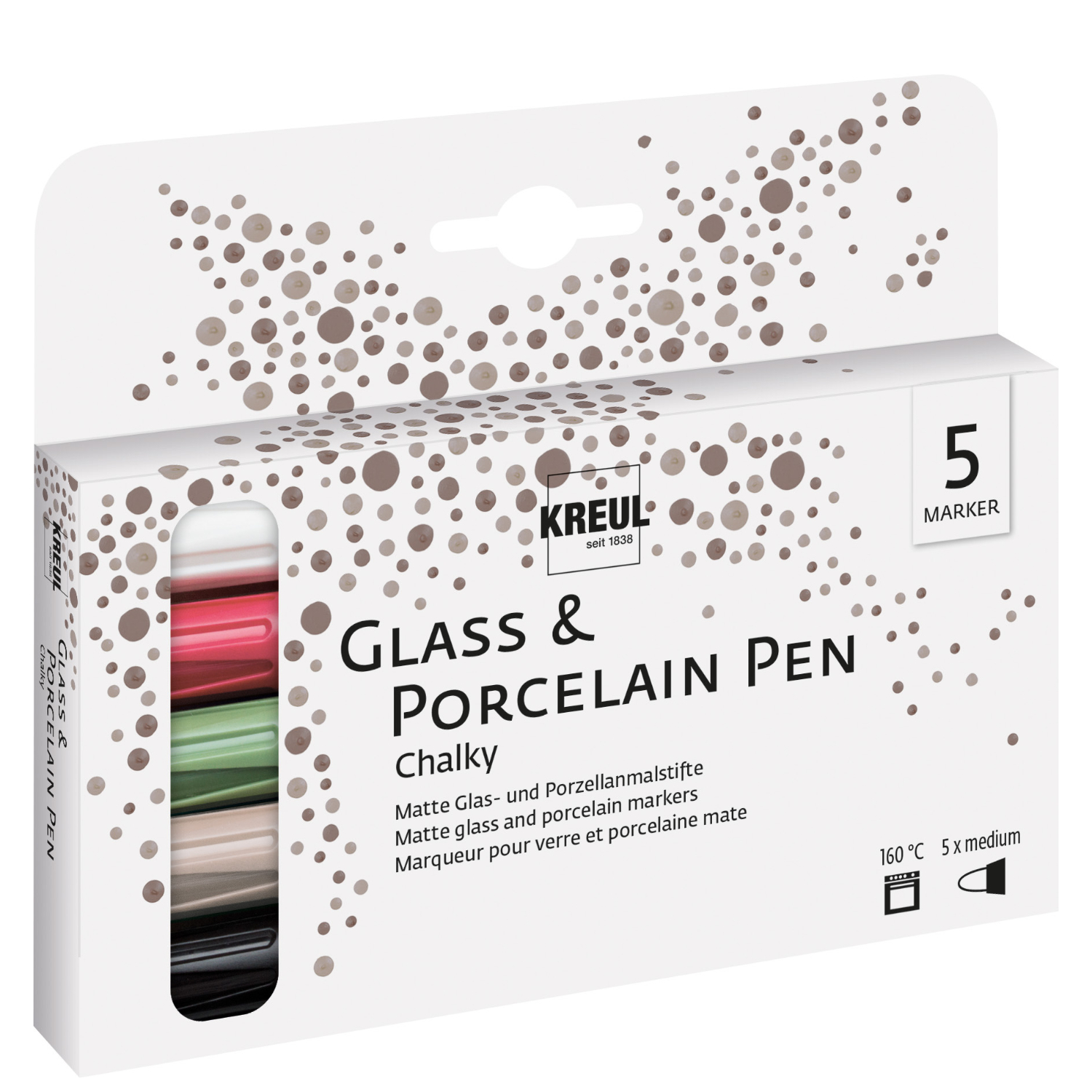 Glass & Porcelain Pen Chalky: Set mit 5 matten Markern in verschiedenen Farben von KREUL. Ideal für Glas- und Porzellanmalerei.