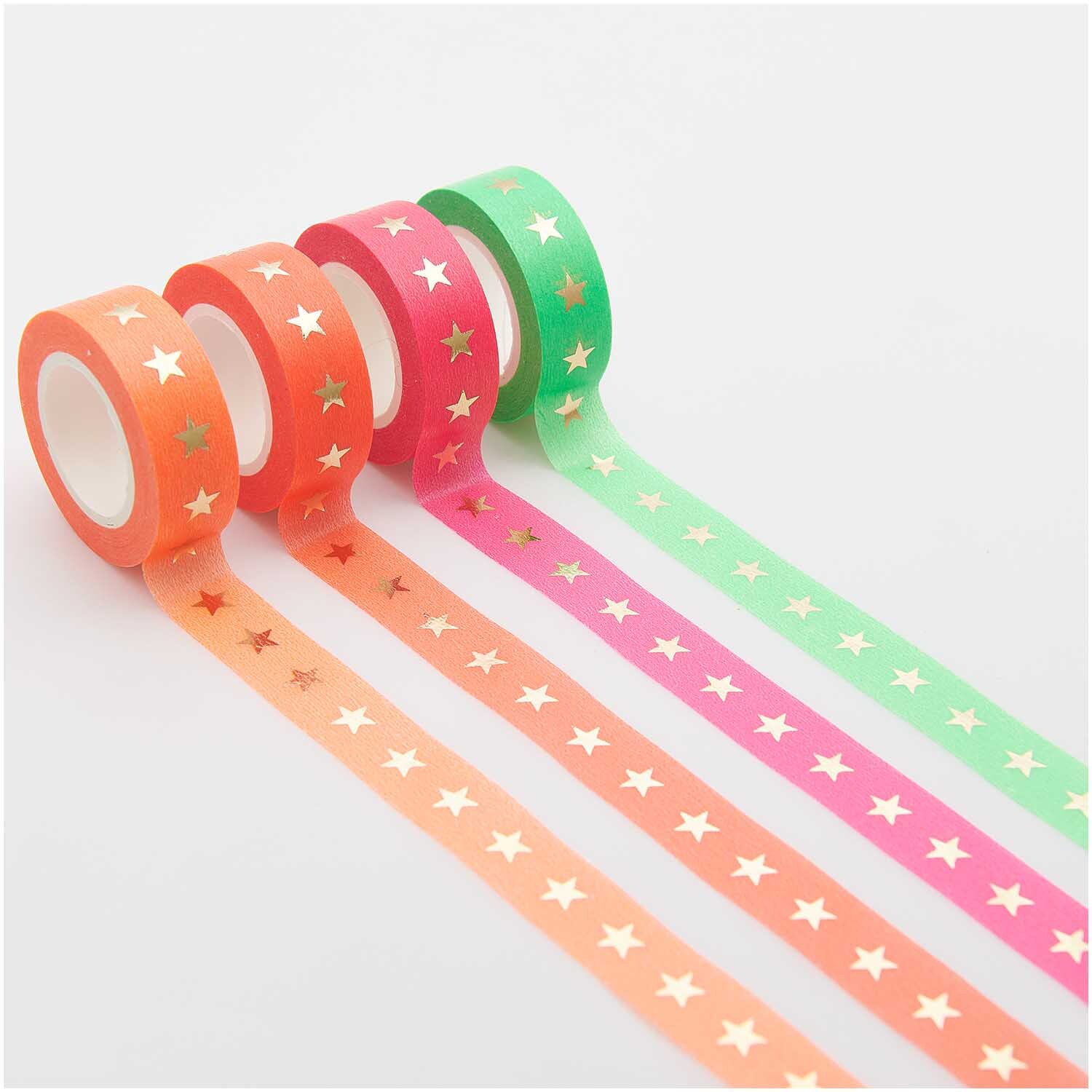 Paper Poetry Tape Set Sterne neon, 4-teilig. Bunte Klebebänder mit Sternenmuster in leuchtenden Farben. Ideal für kreative Projekte.