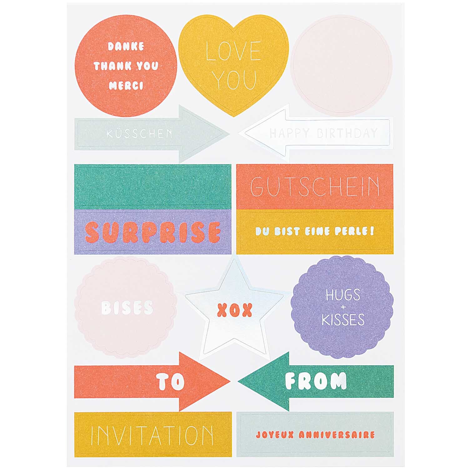 Paper Poetry Grußkartenset Mermaid Muschel mit bunten Aufklebern und Texten wie "Love You" und "Surprise". Ideal für kreative Grüße.