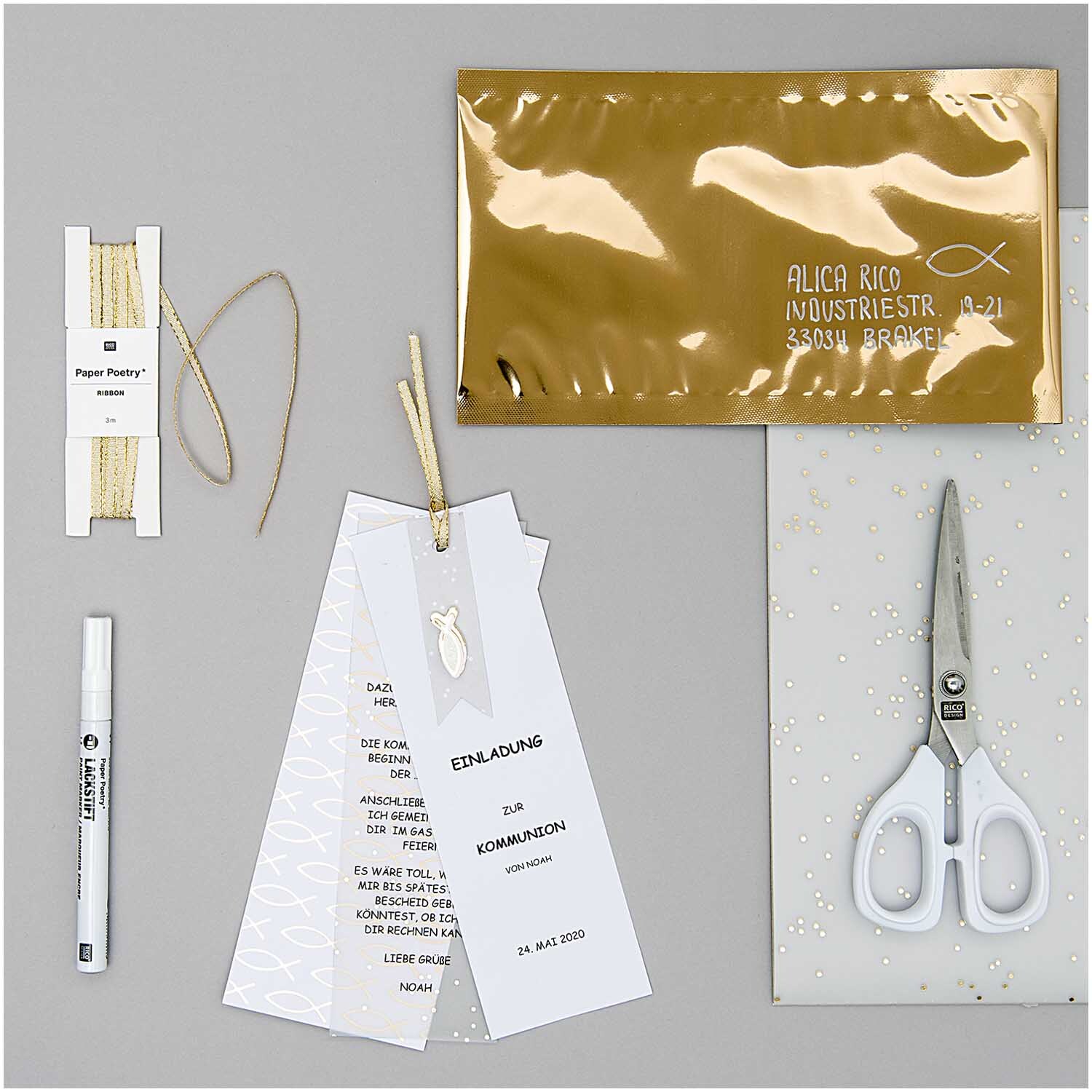 Paper Poetry Transparentpapierblock mit goldenen Punkten, umgeben von Schere, Stift und Kordel. Ideal für kreative Bastelprojekte.