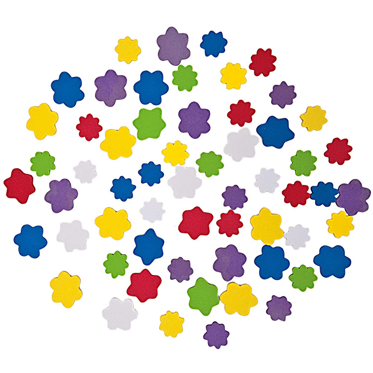 Moosgummi Blumen mehrfarbig selbstklebend von Rico Design. Bunte Blumenformen auf weißem Hintergrund. Ideal für kreative Bastelprojekte.