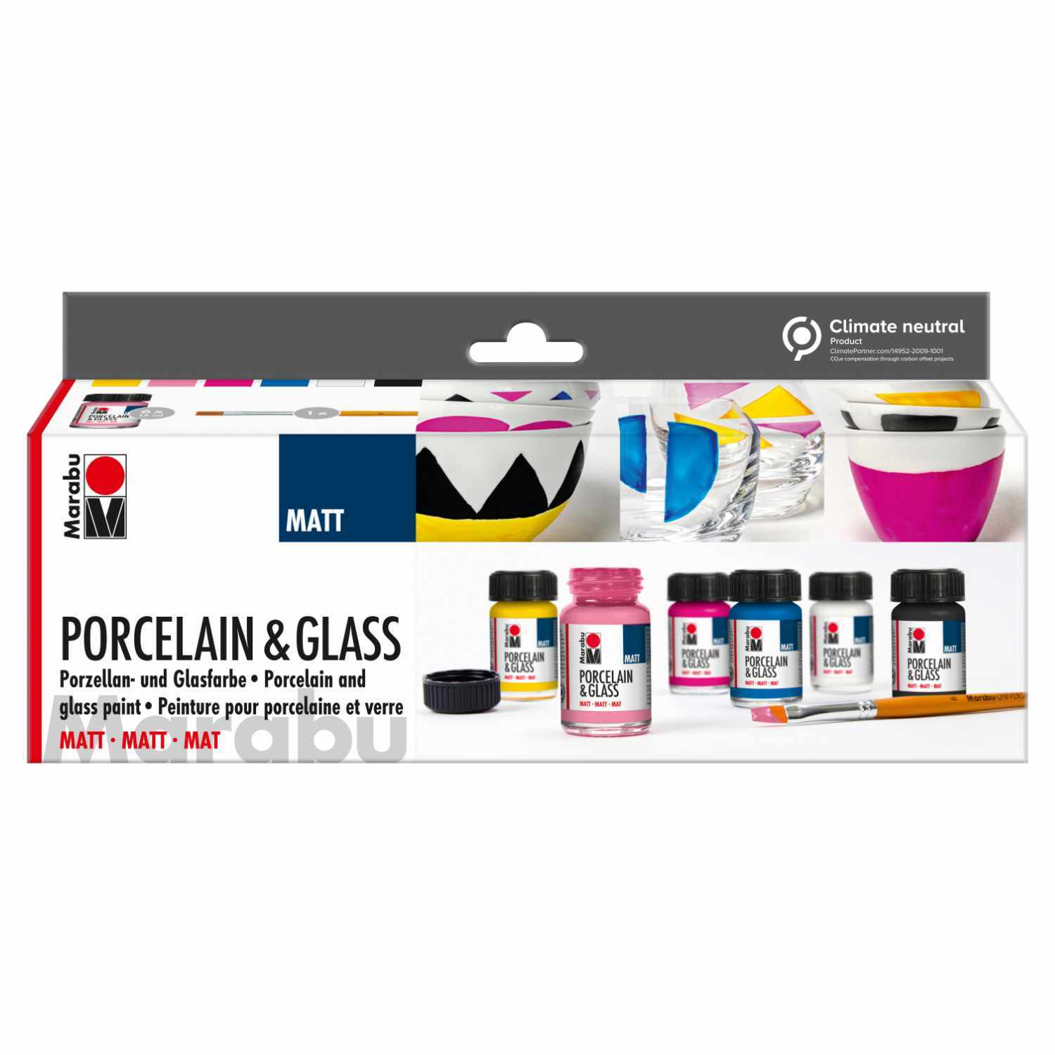 Porcelain & Glass Starterset matt: 7-teiliges Set von Marabu mit Farben für Porzellan und Glas, ideal für kreative Projekte.