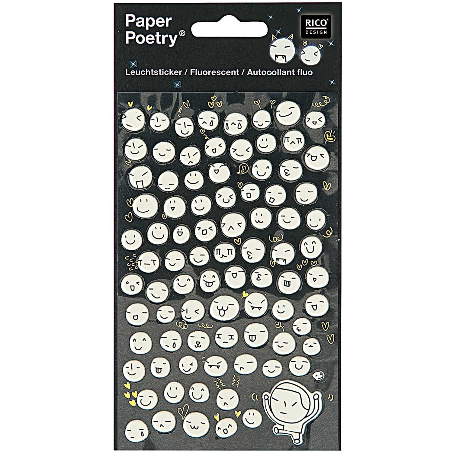 Paper Poetry Leuchtsticker Mondgesichter von Rico Design zeigen leuchtende, lächelnde Mondgesichter auf schwarzem Hintergrund.