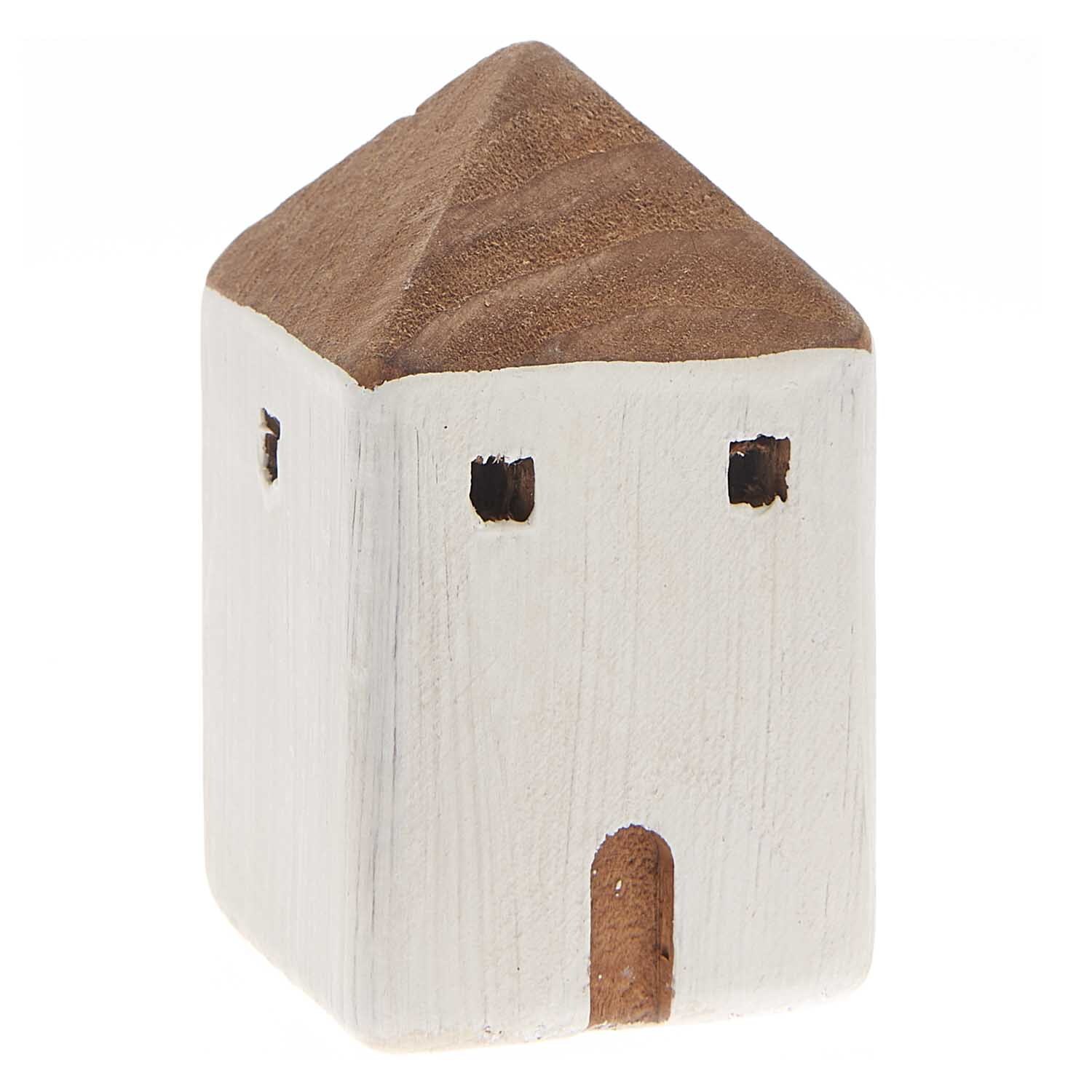 Haus 2 Maritim Holz 5x5x8,5cm: Weißes, minimalistisches Holzhaus mit braunem Dach, von Rico Design.