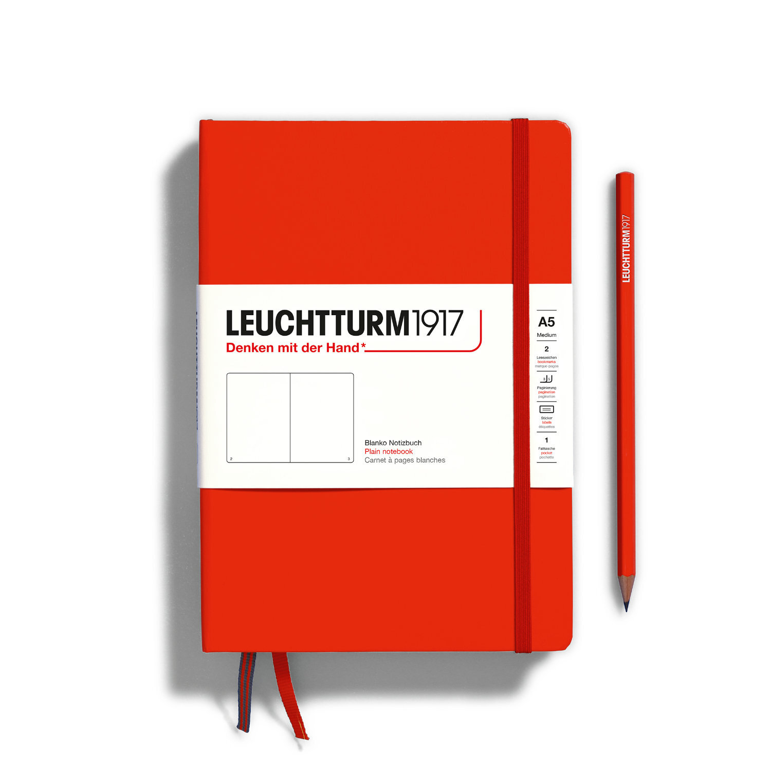 Notizbuch Medium blanko Hardcover A5 in leuchtendem Rot mit passendem Stift von LEUCHTTURM1917. Ideal für Notizen und Skizzen.