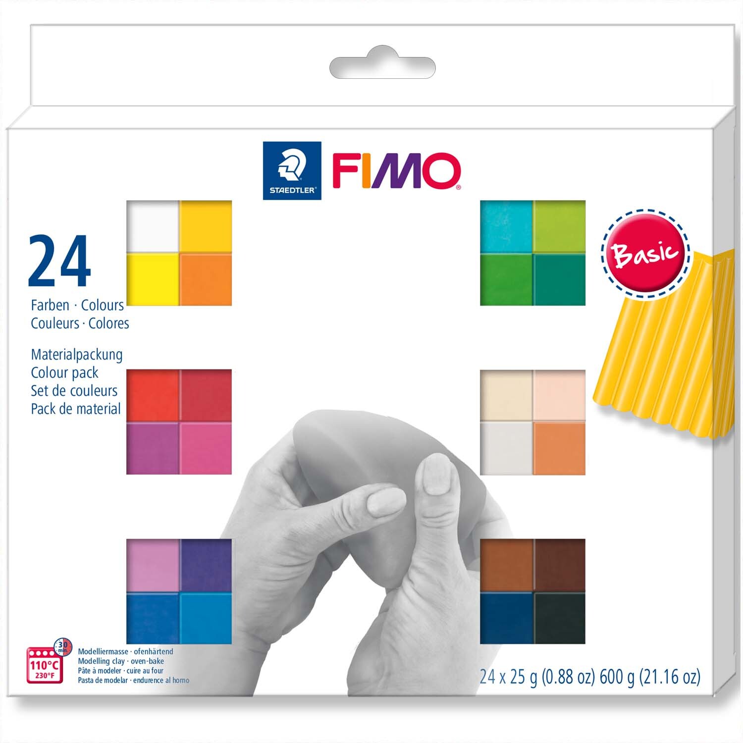 FIMO soft Basic 24 Halbblöcke in einer Verpackung mit verschiedenen Farben von Staedtler.