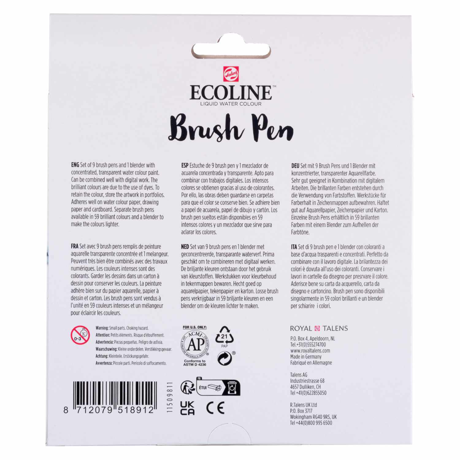Brush Pen Set 10 Stück, ECOLINE: Rückseite der Verpackung mit Produktinformationen in mehreren Sprachen.